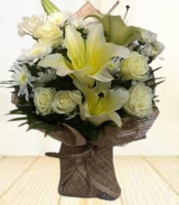 Lily and Rose Bouquet - 12 Stems with Green Fillers